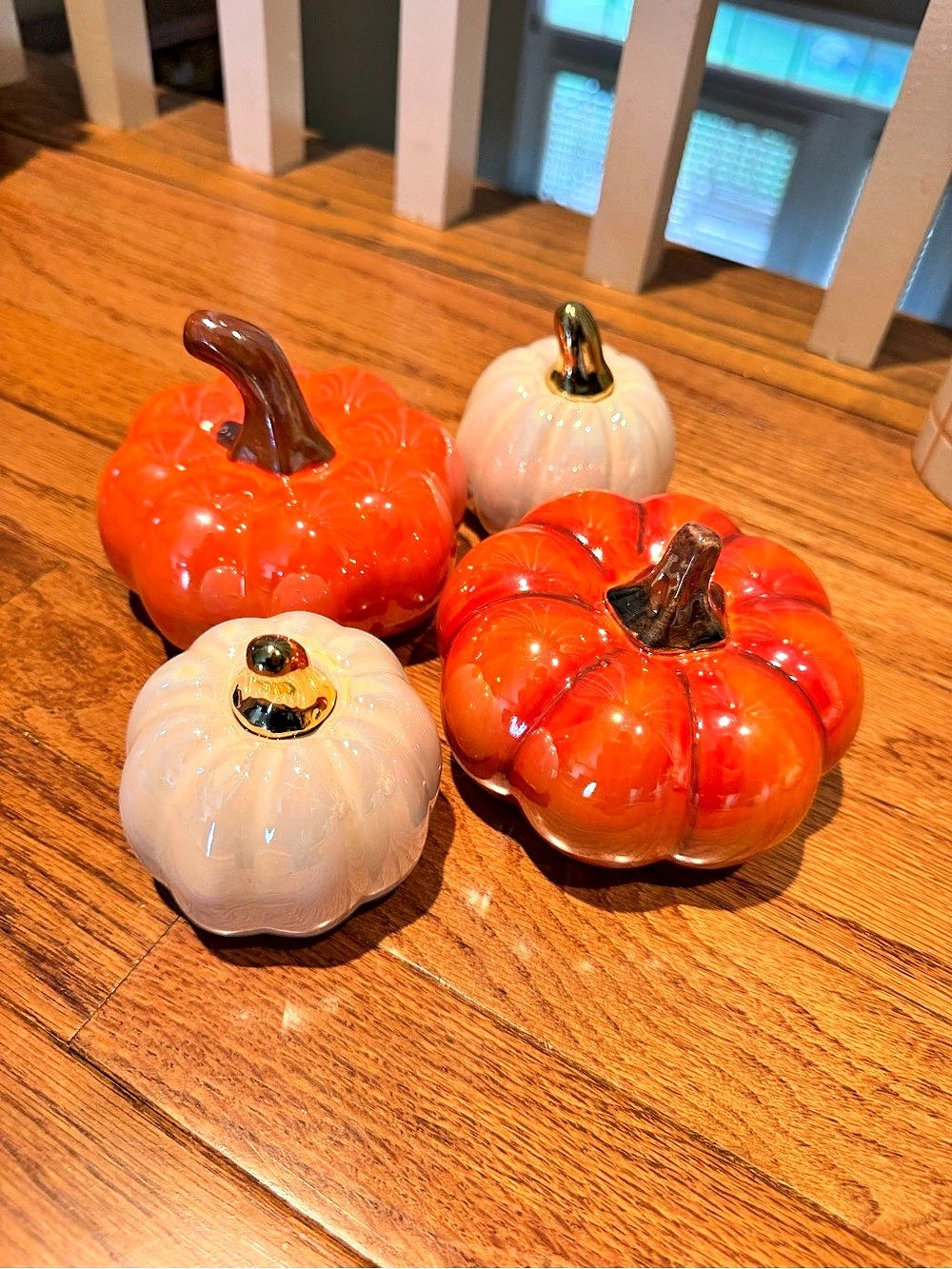 Set of 4 Ceramic Pumpkins in Orange & Cream/White